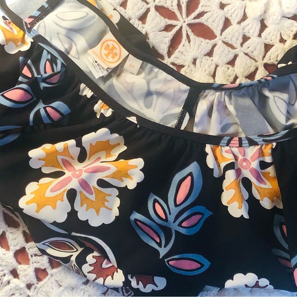 TORY BURCH | S | Hopewell Off-the-Shoulder Ruffle Floral Swim Top Bandeau Black - Picture 11 of 13
